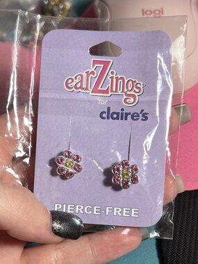 Claire’s EarZings Pierce-Free Pink Rhinestone Flower Clip On Earrings NWT